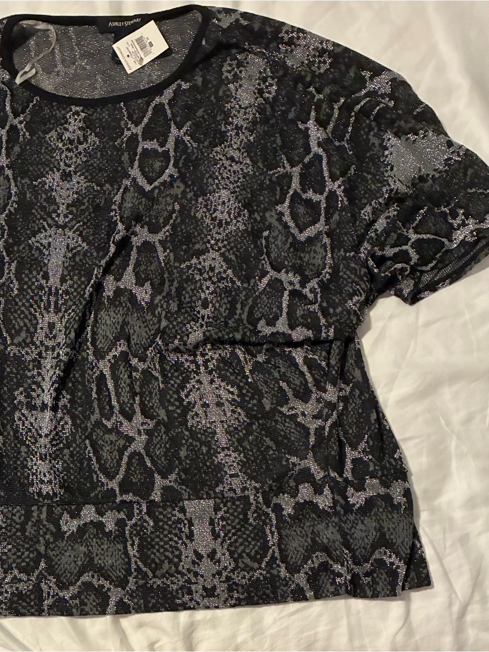 Ashley Stewart Black & Gray Snake-Print Short Sleeve Top